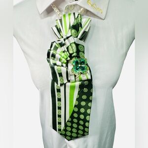 Green/White Striped and Polkadot Necktie featuring Four leaf clover Brooch
